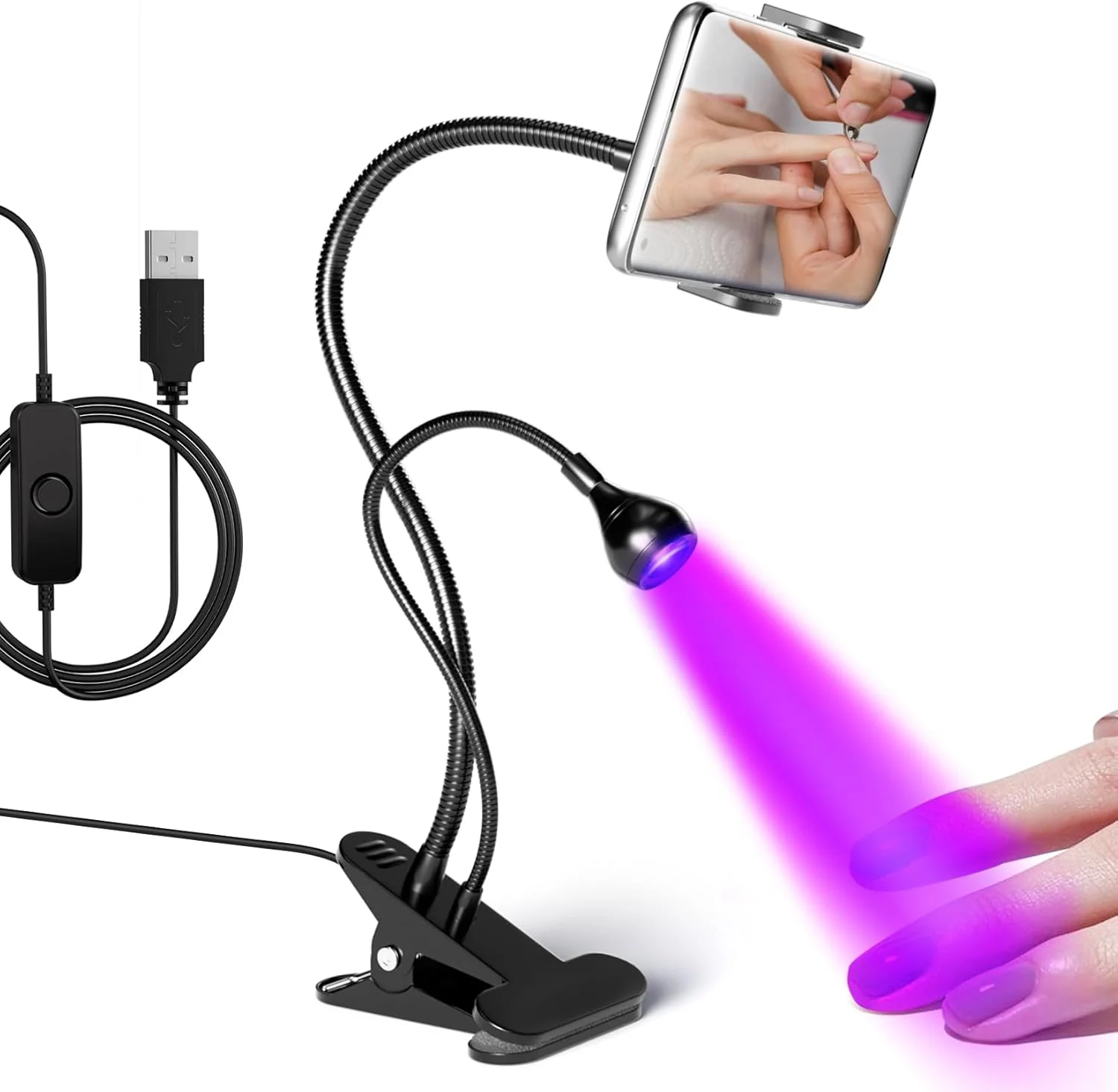 چراغ LED ناخن AORAEM با گردن غازی و هولدر موبایل، خشک کن سریع لاک ژل با لامپ قابل حمل برای استفاده حرفه ای در خانه و سالن