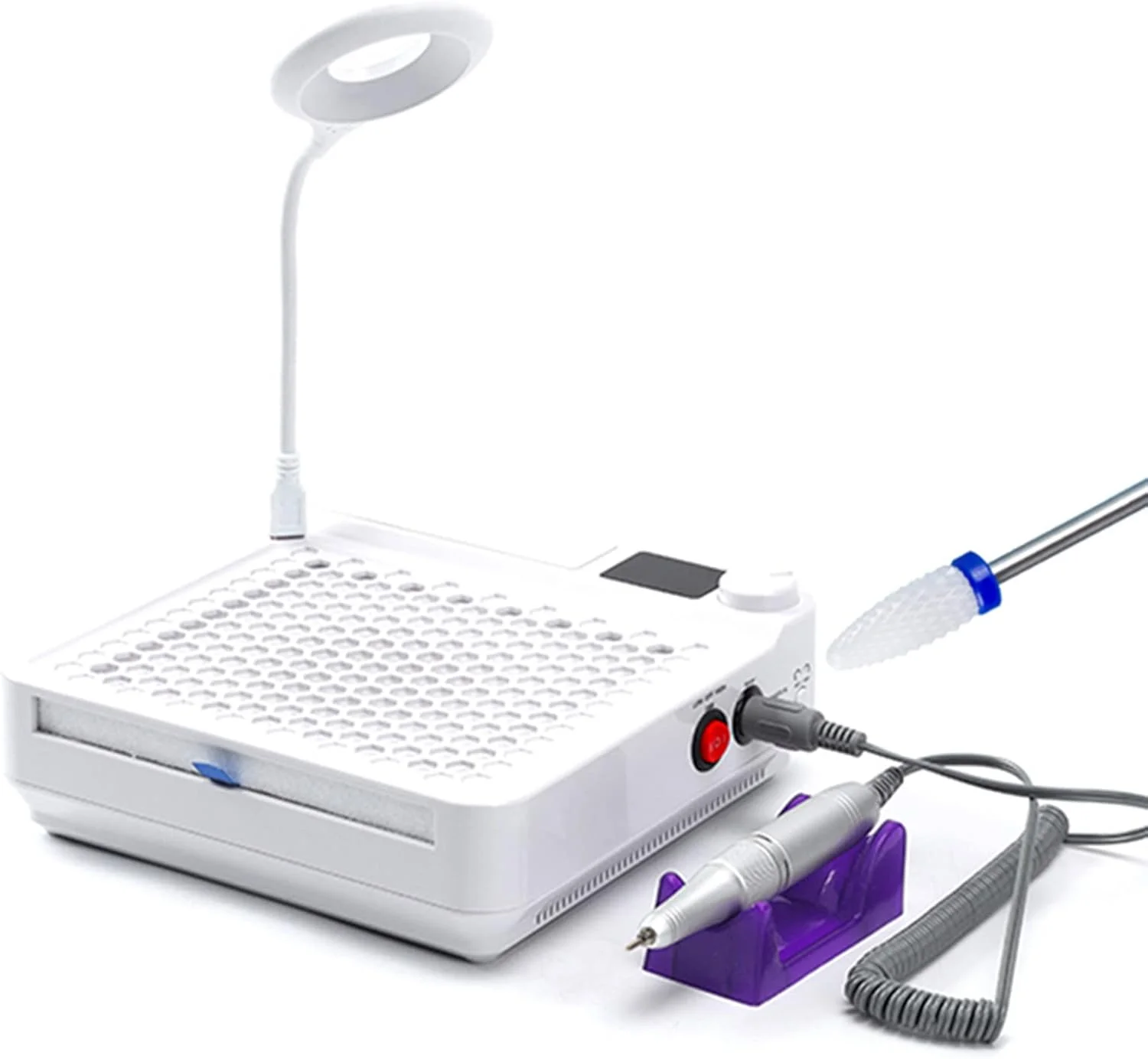 دستگاه جمع کننده گرد و غبار ناخن حرفه ای JCAKES با لامپ، فن مکنده جاروبرقی ناخن با ابزار مانیکور فشار دهنده کوتیکول استیل، سفید
