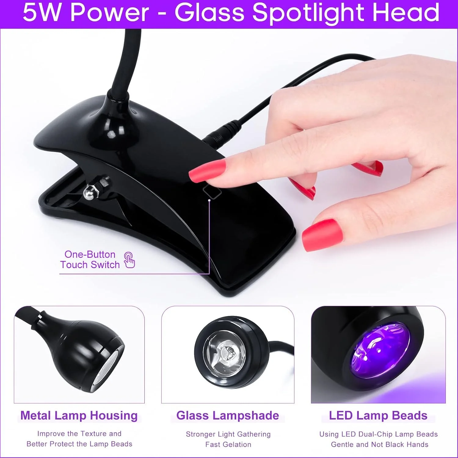 چراغ خشک کن سریع لاک ناخن UV LED، چراغ UV LED ناخن 5 وات، خشک کن سریع 10 ثانیه ای لاک ژلی با گردن غازی، گیره چراغ خشک کن حرفه ای ناخن برای خشک کردن لاک ژل، ابزار و لوازم جانبی طراحی ناخن (مشکی)