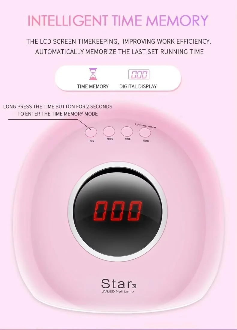 دستگاه خشک کن لاک ژل حرفه ای Brunson مدل Star 5 با توان 72 وات، لامپ UV برای سالن های مانیکور حرفه ای، ناخن، لاک، خشک کردن، مانیکور، پدیکور، ابزار طراحی ناخن، صورتی
