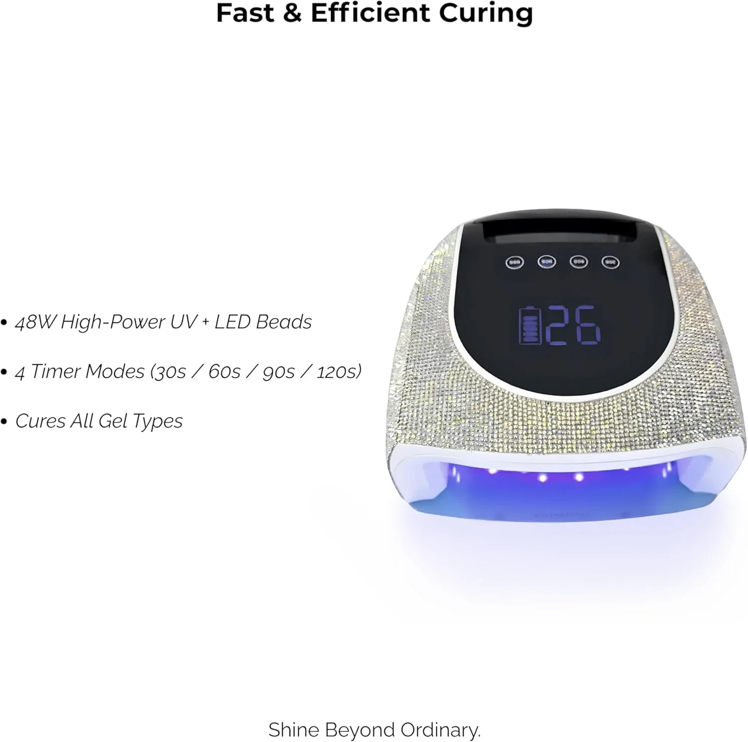 دستگاه خشک کن لاک ژل ناخن LED UV کریستالی 48 وات - خشک کن حرفه ای لاک ژل با صفحه نمایش LED هوشمند، 4 تنظیمات تایمر، سنسور اتوماتیک، طراحی قابل حمل شارژی (نقره ای)