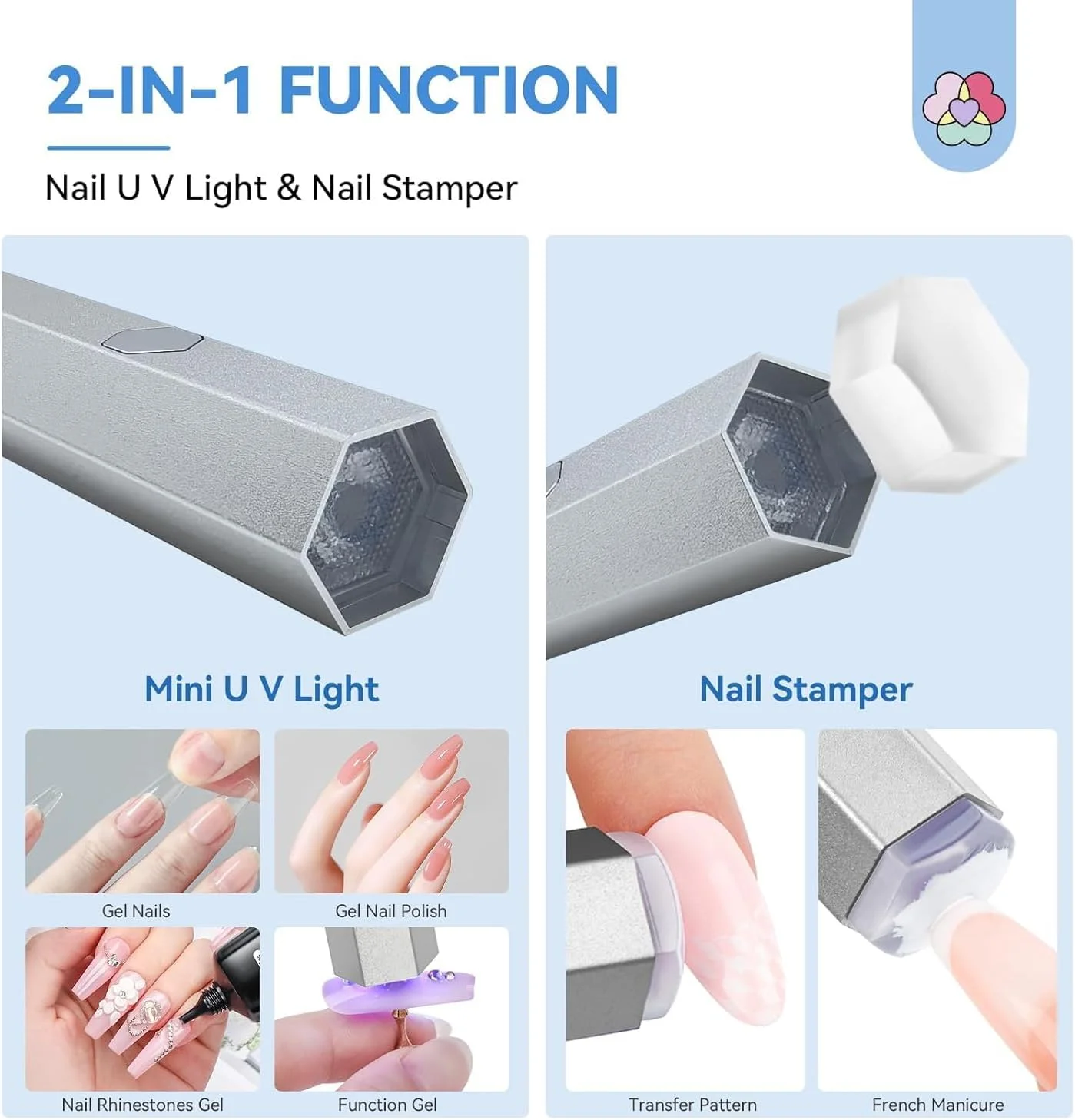 چراغ دستی مغناطیسی یو وی برای ناخن: پایه مغناطیسی 2 در 1 نقره ای و مهر ناخن، خشک کن ناخن بی سیم، صفحه نمایش ال سی دی دستی، لامپ کیورینگ، لامپ ال ای دی ژل مینی قابل حمل، هدیه مانیکور