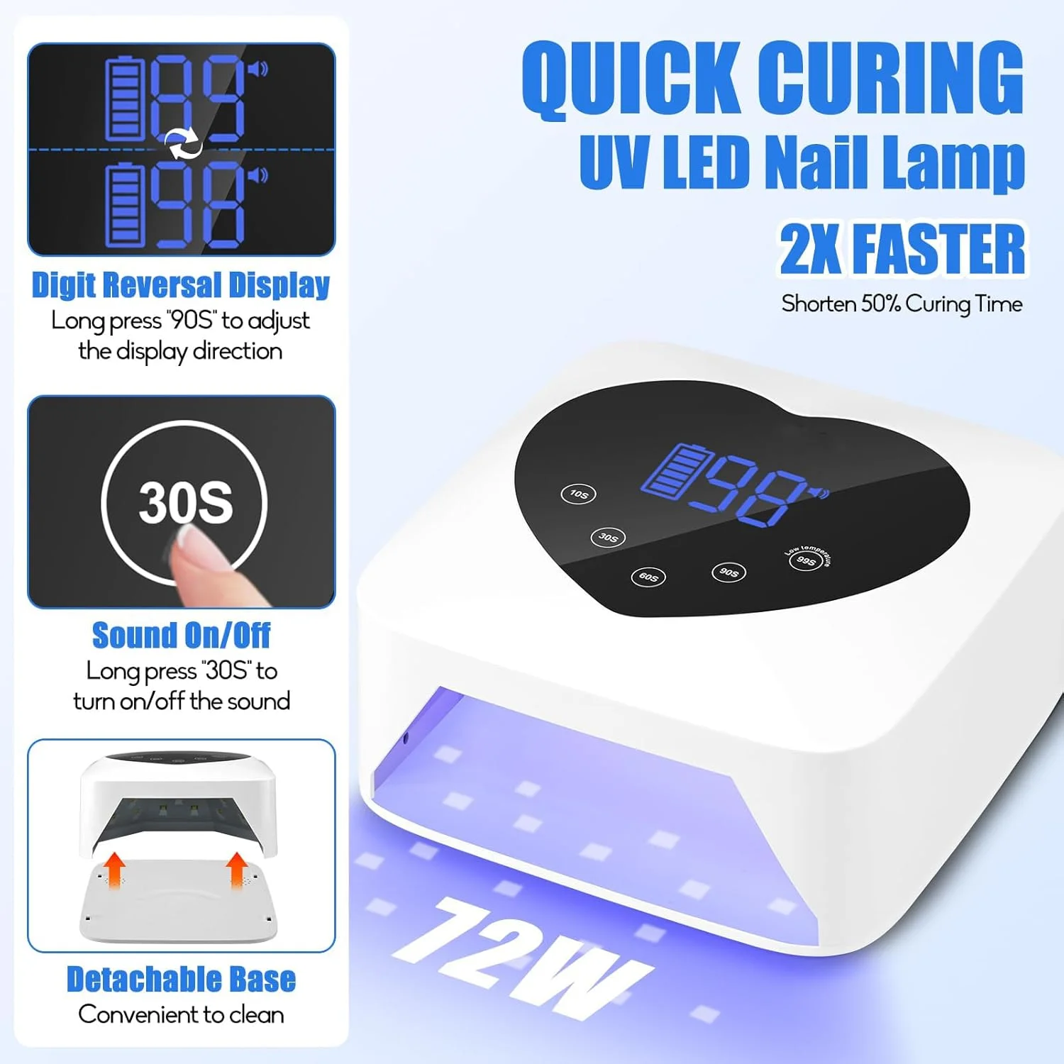 دستگاه خشک کن لاک ناخن UV LED، چراغ UV بدون سیم 72 وات برای ناخن، دستگاه خشک کن لاک ژل قابل شارژ با 5 تایمر و صفحه نمایش لمسی، چراغ خشک کن سریع لاک ژل حرفه ای با حسگر خودکار (سفید)