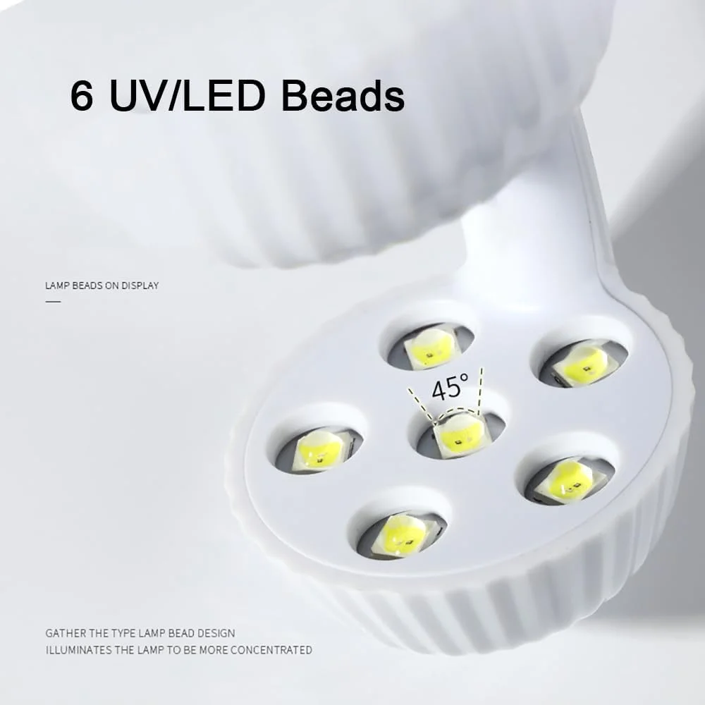 دستگاه خشک کن لاک ناخن UV/LED دو در یک گلوبال فشن - 12 وات، طرح قارچ، خشک کردن سریع در 30 ثانیه، مناسب سفر، تغذیه از طریق USB، سبک و ملایم روی پوست، استفاده آسان، مناسب برای لاک ژل - سفید