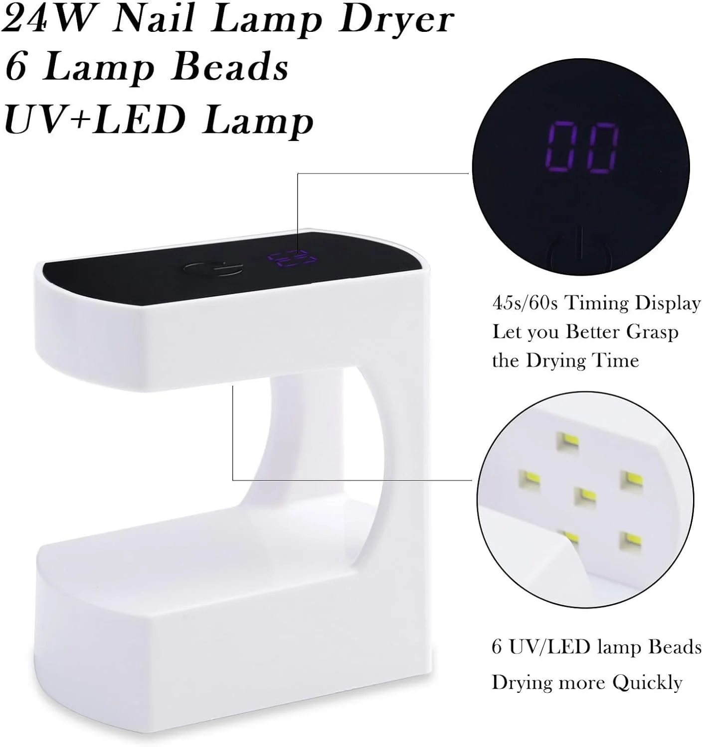 چراغ LED کوچک ناخن 24 وات با تایمر، خشک کن ناخن قابل حمل USB برای خشک کردن لاک ژل، چراغ ناخن ژل حرفه ای خشک شونده سریع برای مانیکور، هنر ناخن DIY، مناسب برای سالن مسافرتی