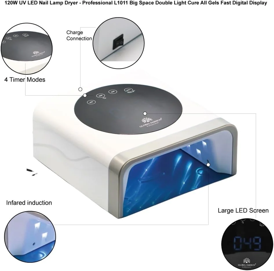 دستگاه خشک کن لاک ژل حرفه ای 120 وات UV/LED مدل L1011 - خشک کن حرفه ای لاک ژل و ژل بیلدر، فضای بزرگ، منبع نور دوگانه، نمایشگر دیجیتال