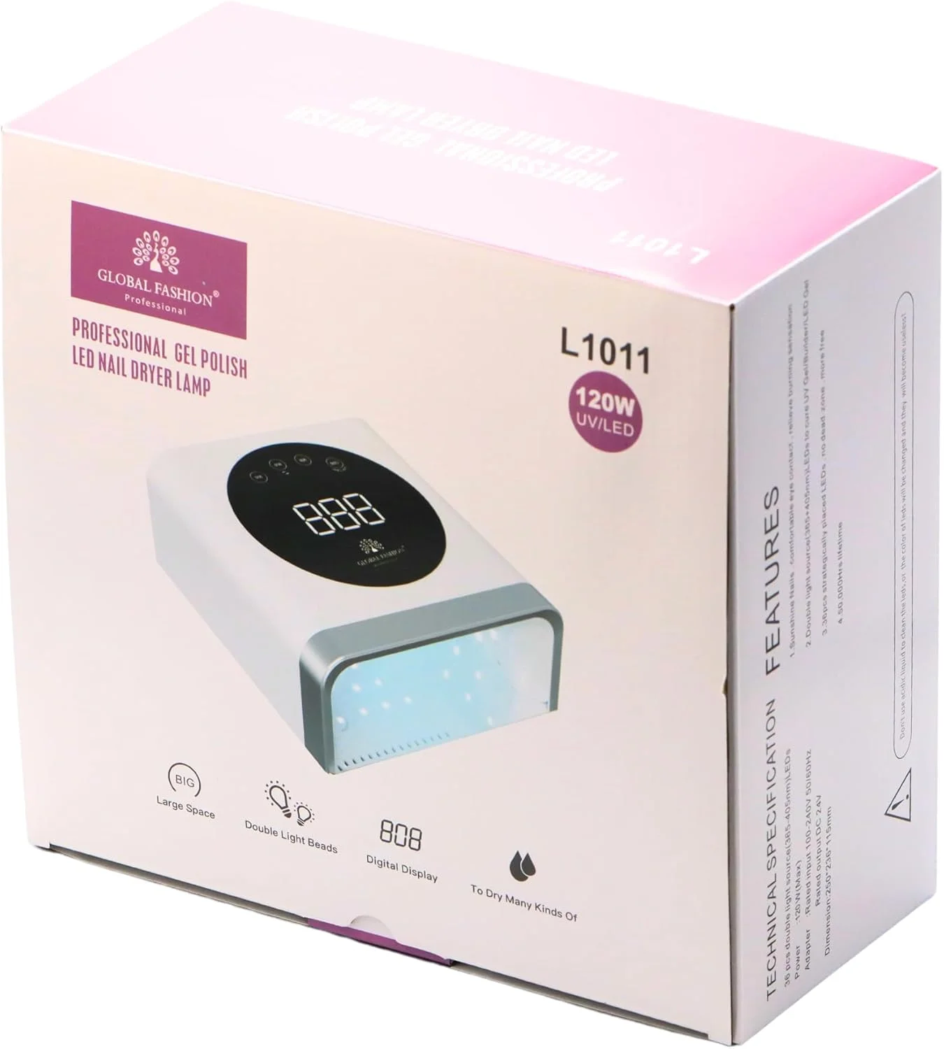 دستگاه خشک کن لاک ژل حرفه ای 120 وات UV/LED مدل L1011 - خشک کن حرفه ای لاک ژل و ژل بیلدر، فضای بزرگ، منبع نور دوگانه، نمایشگر دیجیتال