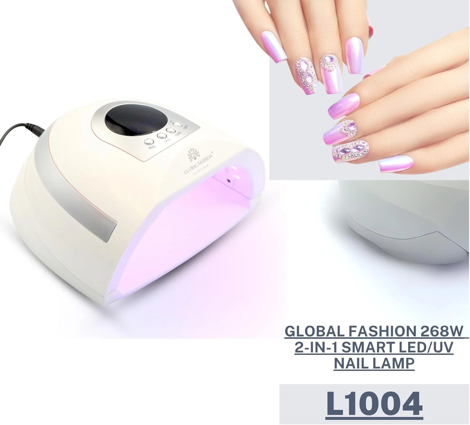 دستگاه خشک کن لاک ناخن LED/UV دو کاره Global Fashion - توان 268 وات، خشک کردن سریع و بدون درد، سنسور هوشمند، 4 تنظیمات تایمر، پایه جداشدنی، مانیکور/پدیکور با کیفیت سالن در خانه، مناسب برای انواع ژل - مدل L-1004