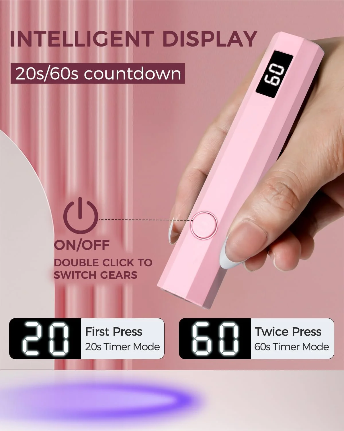 لامپ UV ناخن، خشک کن ناخن USB برای خشک کردن سریع، چراغ UV دستی برای ناخن ها، لامپ LED قابل حمل 3 وات با 2 تنظیمات تایمر 20/60 ثانیه، لامپ UV ناخن صفحه نمایش برای استفاده شخصی DIY در خانه