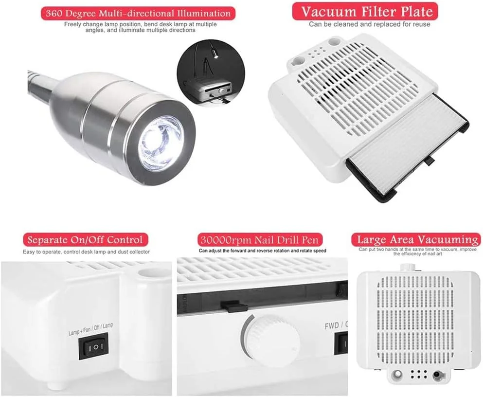 دستگاه ناخن 3 در 1، دارای قلم دریل 30000 دور در دقیقه، دستگاه طراحی ناخن، چراغ مطالعه، مانیکور با سرعت قابل تنظیم، فن جاروبرقی ناخن برای جمع آوری تکه های ناخن دستگاه ناخن 3 در 1، دارای قلم دریل 30000 دور در دقیقه، دستگاه طراحی ناخن، چراغ مطالعه، مانیکور با سرعت قابل تنظیم، فن جاروبرقی ناخن برای جمع آوری تکه های ناخن