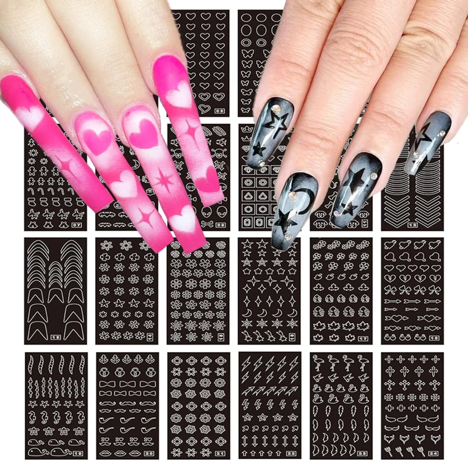 24 ورق استیکر شابلون ایربراش برای طراحی ناخن، برچسب ناخن فرنچ، ابزار شابلون چاپ، طرح های توخالی ماه، ستاره، قلب، پروانه، طرح فرنچ (154 طرح)