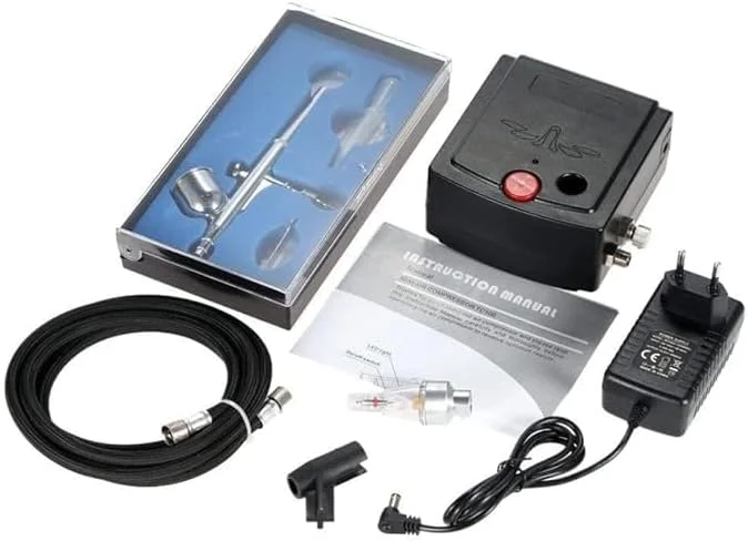 ست دستگاه ایربراش دو حالته آرایشی + تفنگ با کمپرسور هوا برای آرایش/طراحی ناخن/هنر خالکوبی/کیک/نقاشی - نقره ای