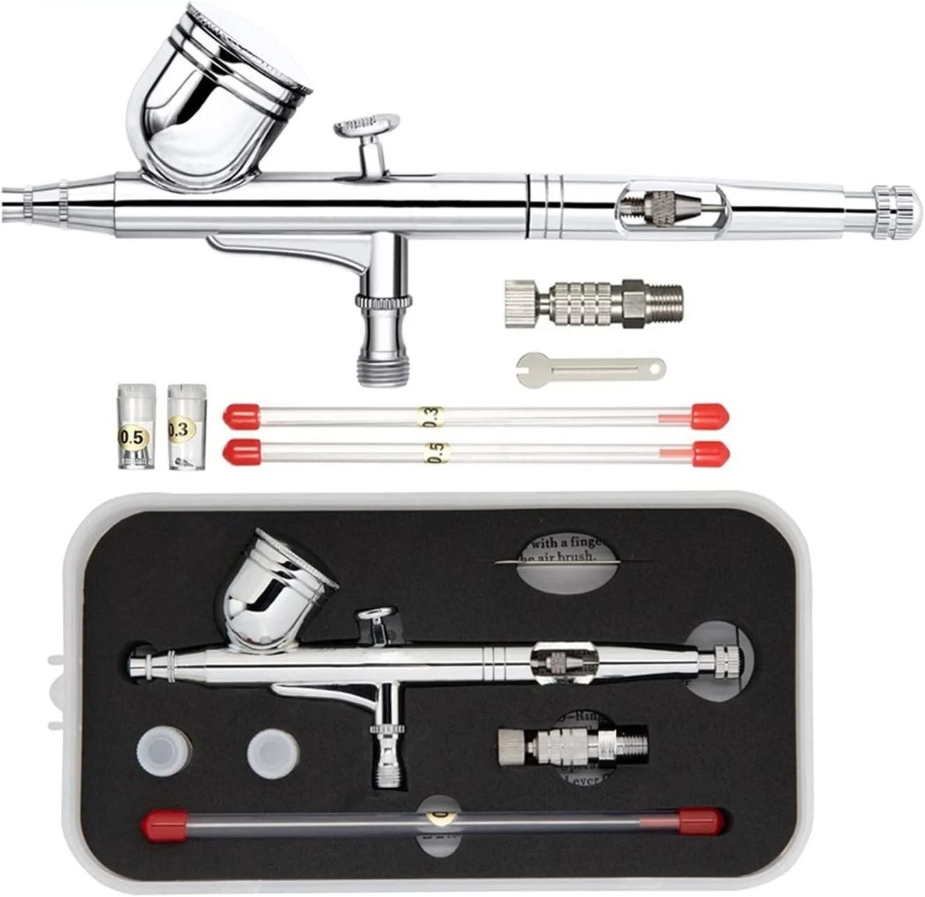 پیستوله رنگ پاش دو حالته با سایزهای نازل 0.2/0.3/0.5 میلی متر و ظرفیت 9cc/7cc به همراه کوپلینگ سریع برای هنر، صنایع دستی، مدل سازی، طراحی بدن، ناخن و ابزار رنگ پاشی (Nct-130t)