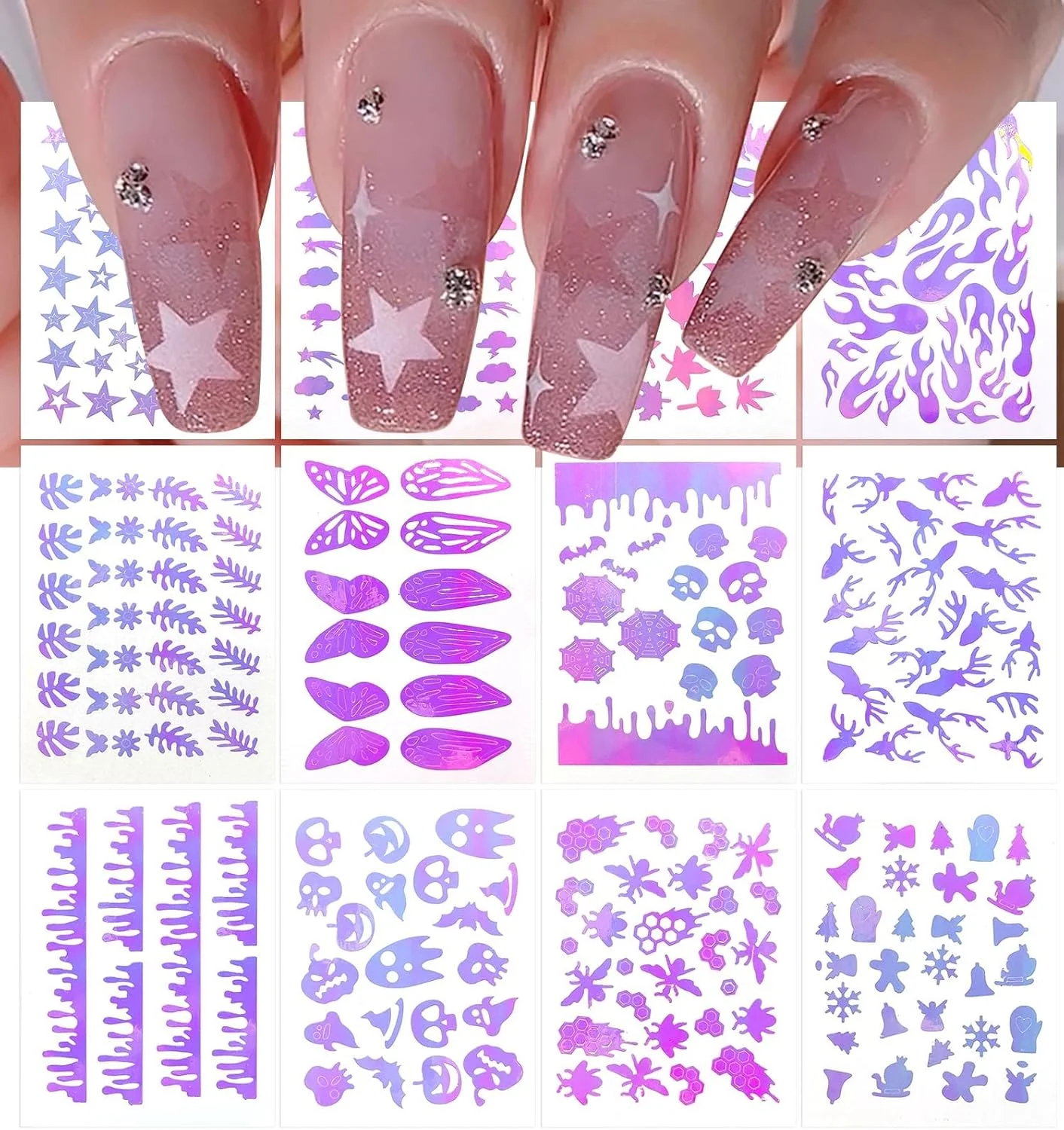 شابلون طراحی ناخن ایربراش SILPECWEE، 12 برگ، برچسب های خود چسب طراحی ناخن، طرح های ستاره، ابر، گل، برگ، پروانه، ابزار چاپ طرح فرانسوی، برچسب تزئین ناخن