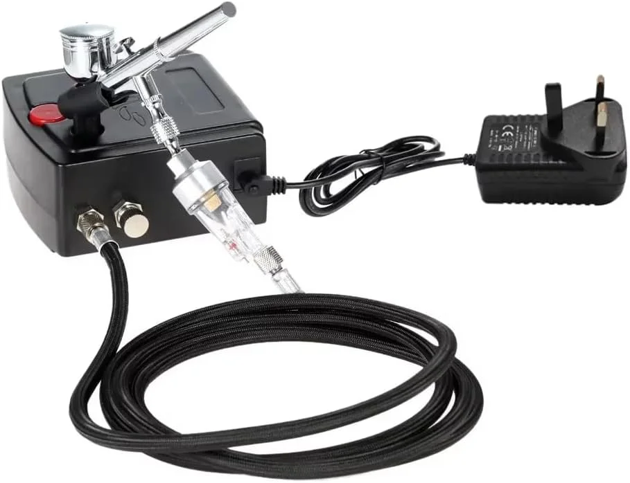 کیت ایربراش حرفه ای SKEIDO - تفنگ اسپری دوال اکشن 0.3 میلی متری با کمپرسور دوشاخه بریتانیایی برای طراحی ناخن، تزیین کیک و نقاشی مدل