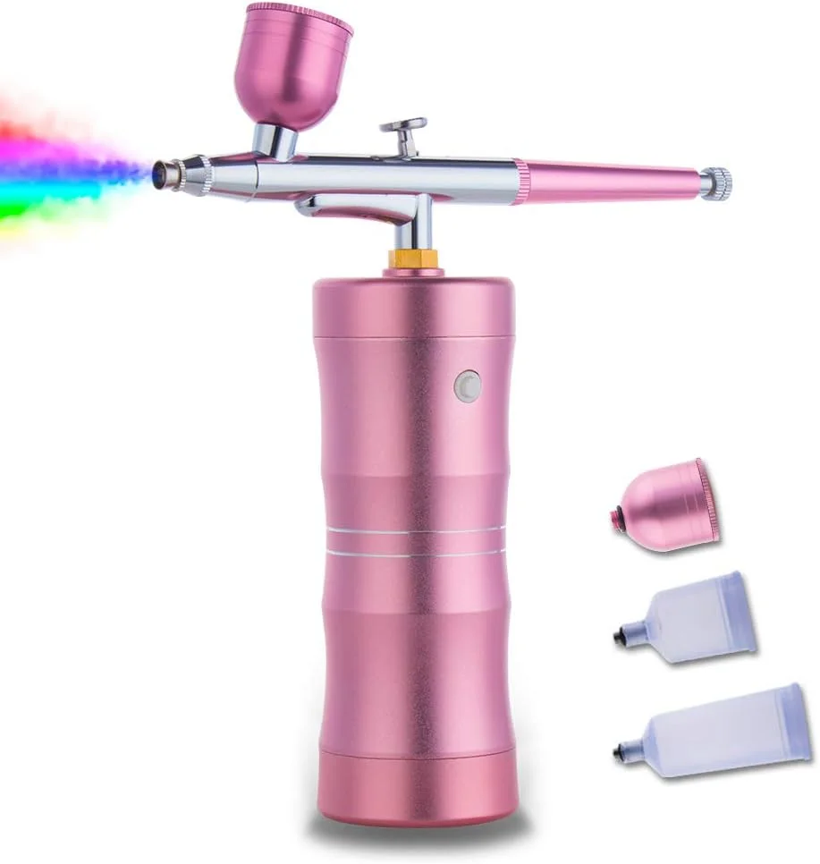 کیت ایربراش آرایشی بی سیم، ایربراش دستی ارتقا یافته آرایشگری، کمپرسور اسپری اکسیژن اتوماتیک، قلم اسپری شارژی با مرطوب کننده، رنگ آمیزی مدل کیک طراحی ناخن تاتو صورتی