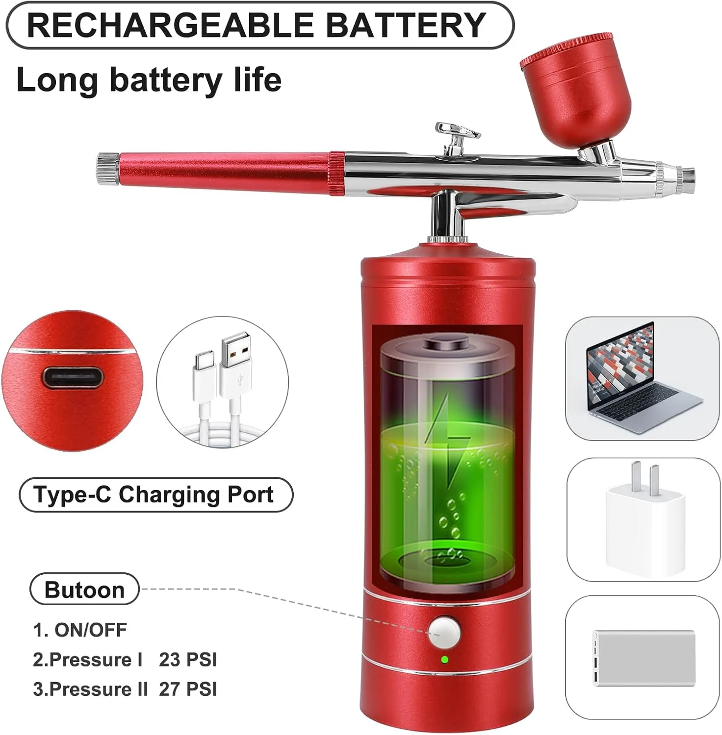 کیت ایربراش با کمپرسور، تفنگ ایربراش دستی اتوماتیک با نوک 0.3 میلی‌متری، قابل شارژ، ایربراش‌های قابل حمل برای نقاشی، خالکوبی، طراحی ناخن، رنگ‌آمیزی مدل، آرایش، کیک