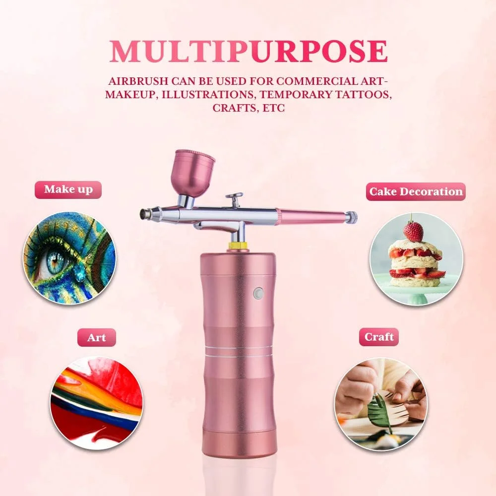 کیت ایربراش آرایشی بی سیم، ایربراش دستی ارتقا یافته آرایشگری، کمپرسور اسپری اکسیژن اتوماتیک، قلم اسپری شارژی با مرطوب کننده، رنگ آمیزی مدل کیک طراحی ناخن تاتو صورتی