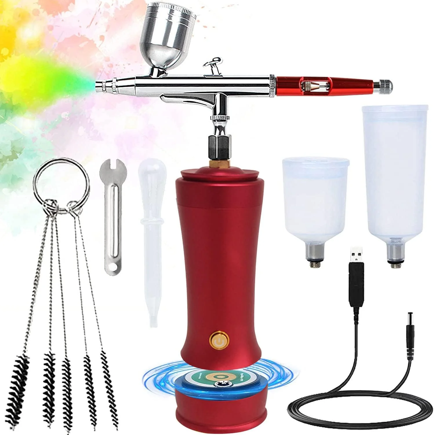 ایر براش شارژی دو حالته با کمپرسور، مینی ایر براش قابل شارژ دستی با باتری قابل تعویض برای نقاشی، مدل، ناخن، آرایش، قرمز