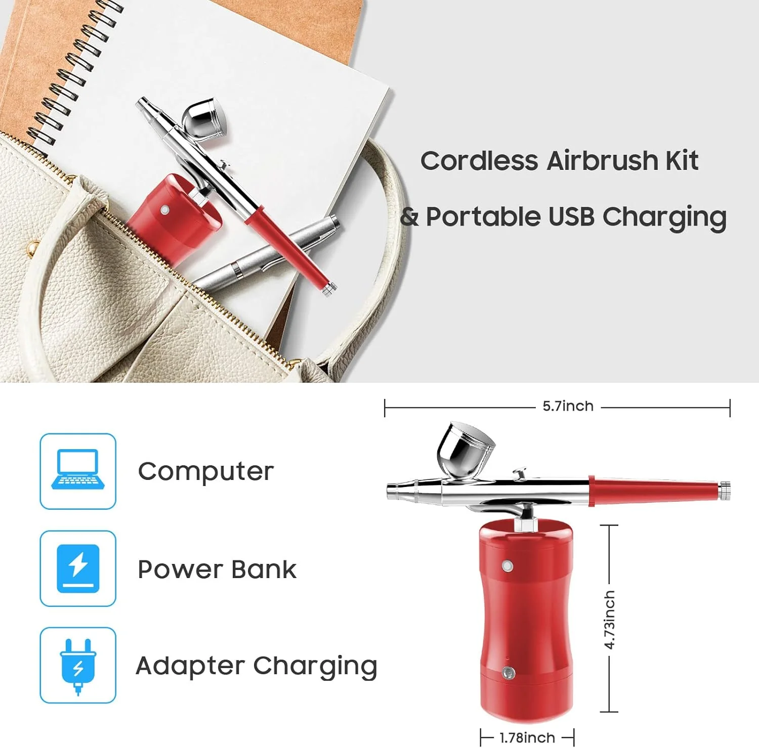 کیت ایربراش 30 PSI، مینی تفنگ اسپری ایربراش قابل حمل با کیت کمپرسور، کیت های نقاشی ایربراش تک اکشن برای تزئین کیک، آرایش، هنر، مدل ناخن، نقاشی، خالکوبی، مانیکور (قرمز)