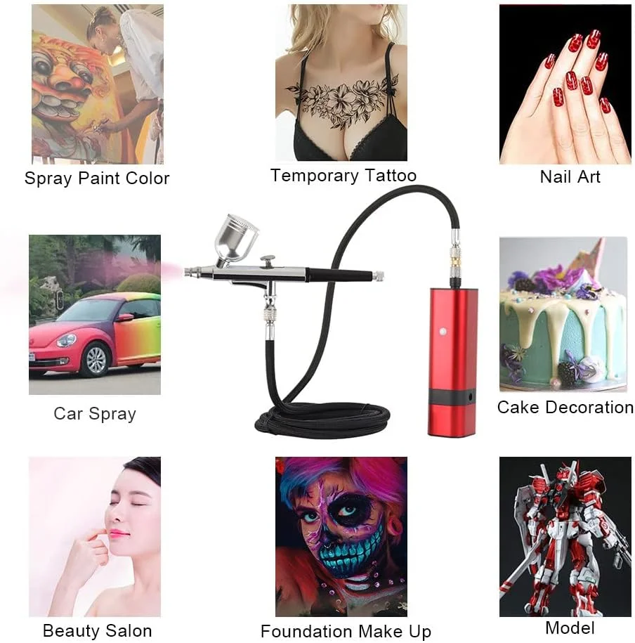 ایر براش شارژی با کمپرسور، ست تفنگ ایر براش دستی کوچک 32PSI، برای نقاشی، خالکوبی، طراحی ناخن، مدل، آرایش، کیک، آرایشگری، مشکی