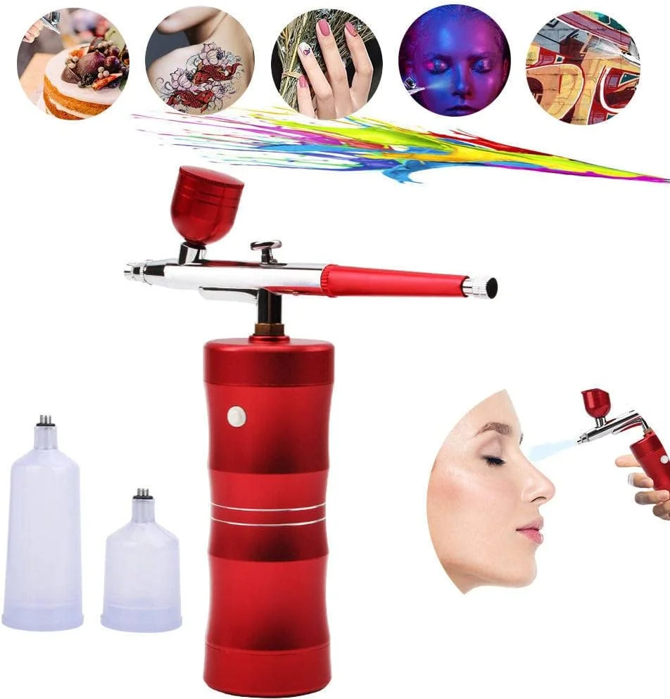 کیت ایربراش بی‌سیم، کمپرسور تفنگ ایربراش آرایشی دستی، برای آرایشگاه، تاتو، ناخن، هنر، طراحی، تزئین کیک، مدل، چوب، چرم، رنگ آمیزی، قرمز