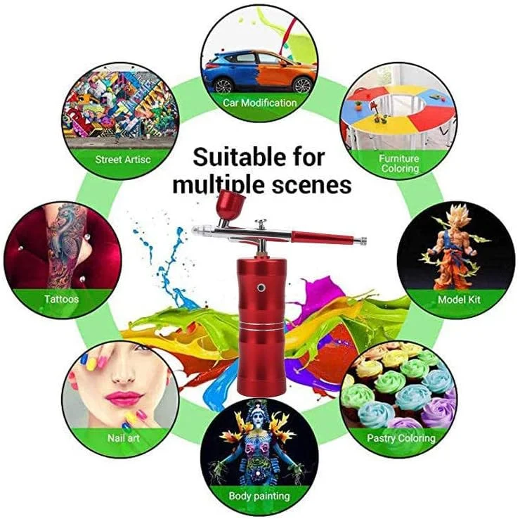 کیت ایربراش بی‌سیم، کمپرسور تفنگ ایربراش آرایشی دستی، برای آرایشگاه، تاتو، ناخن، هنر، طراحی، تزئین کیک، مدل، چوب، چرم، رنگ آمیزی، قرمز