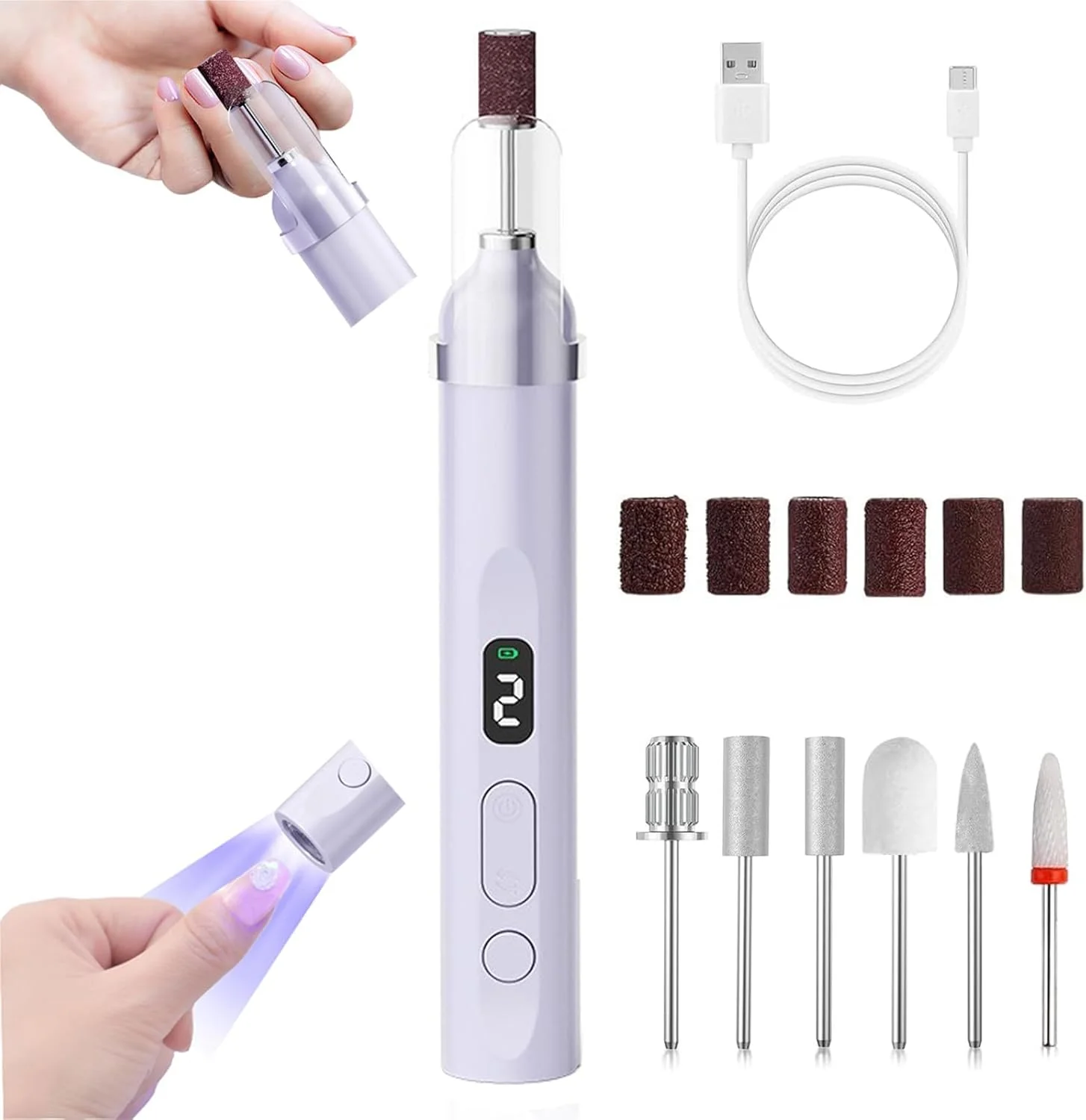 ست سوهان ناخن و چراغ UV، سوهان برقی قابل حمل و لامپ UV ناخن 2 در 1 با صفحه نمایش LED، 3 سرعت خشک‌کن سریع، دستگاه سوهان ناخن قابل شارژ برای خشک کردن لاک و ریمو