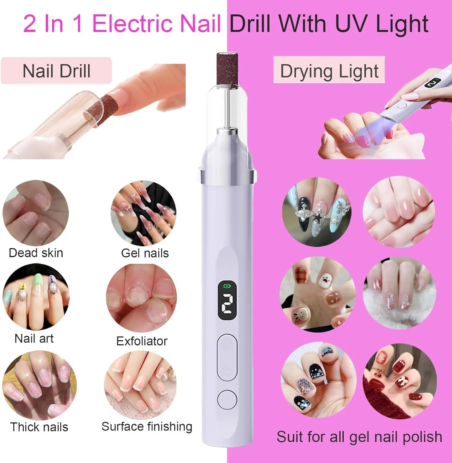 ست سوهان ناخن و چراغ UV، سوهان برقی قابل حمل و لامپ UV ناخن 2 در 1 با صفحه نمایش LED، 3 سرعت خشک‌کن سریع، دستگاه سوهان ناخن قابل شارژ برای خشک کردن لاک و ریمو