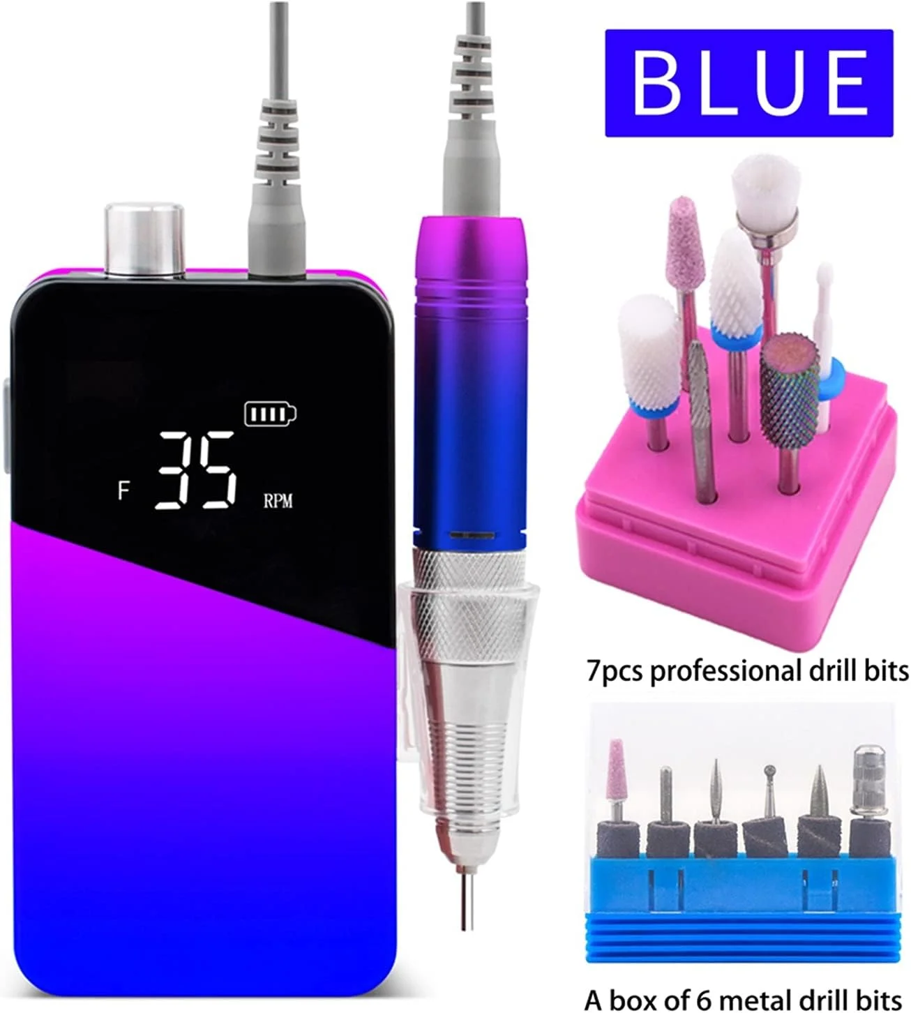 دستگاه سوهان برقی ناخن قابل حمل بی سیم ZAIED با رنگ گرادیانی، سرعت 35000 دور در دقیقه، قابل شارژ، مناسب مانیکور و پدیکور (رنگ: آبی)