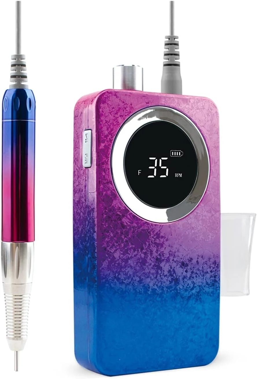 دستگاه سوهان ناخن با موتور بدون برس، قلم مو، بی سیم، رنگ گرادیان، 35000 دور در دقیقه، قابل حمل، برقی، شارژی، بی سیم برای ناخن های اکریلیک، حرفه ای (رنگ: آبی)