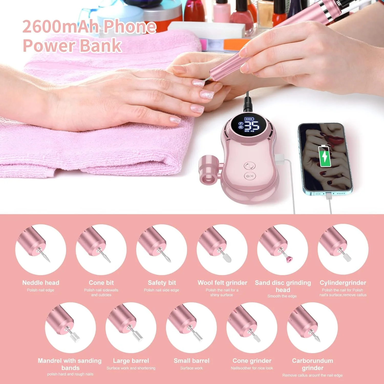 دستگاه سوهان برقی ناخن شارژی، سوهان ناخن حرفه ای 35000 دور در دقیقه برای ناخن های اکریلیک، مانیکور پدیکور و پولیش با 11 عدد سری سوهان و نوارهای سمباده برای استفاده در منزل و سالن