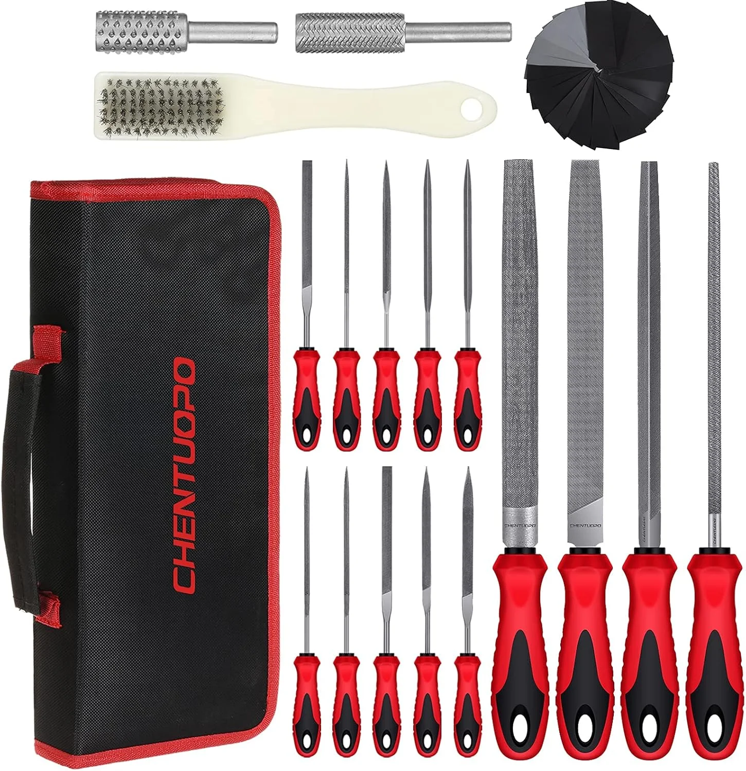 مجموعه سوهان فلز و چوب 57 عددی، فولاد آلیاژی آهنگری شده درجه T12، 4 عدد ابزار بزرگ نیم گرد/گرد/مثلثی/تخت، 14 عدد سوهان سوزنی، یک جفت سوهان برقی، یک برس و 36 عدد کاغذ سنباده