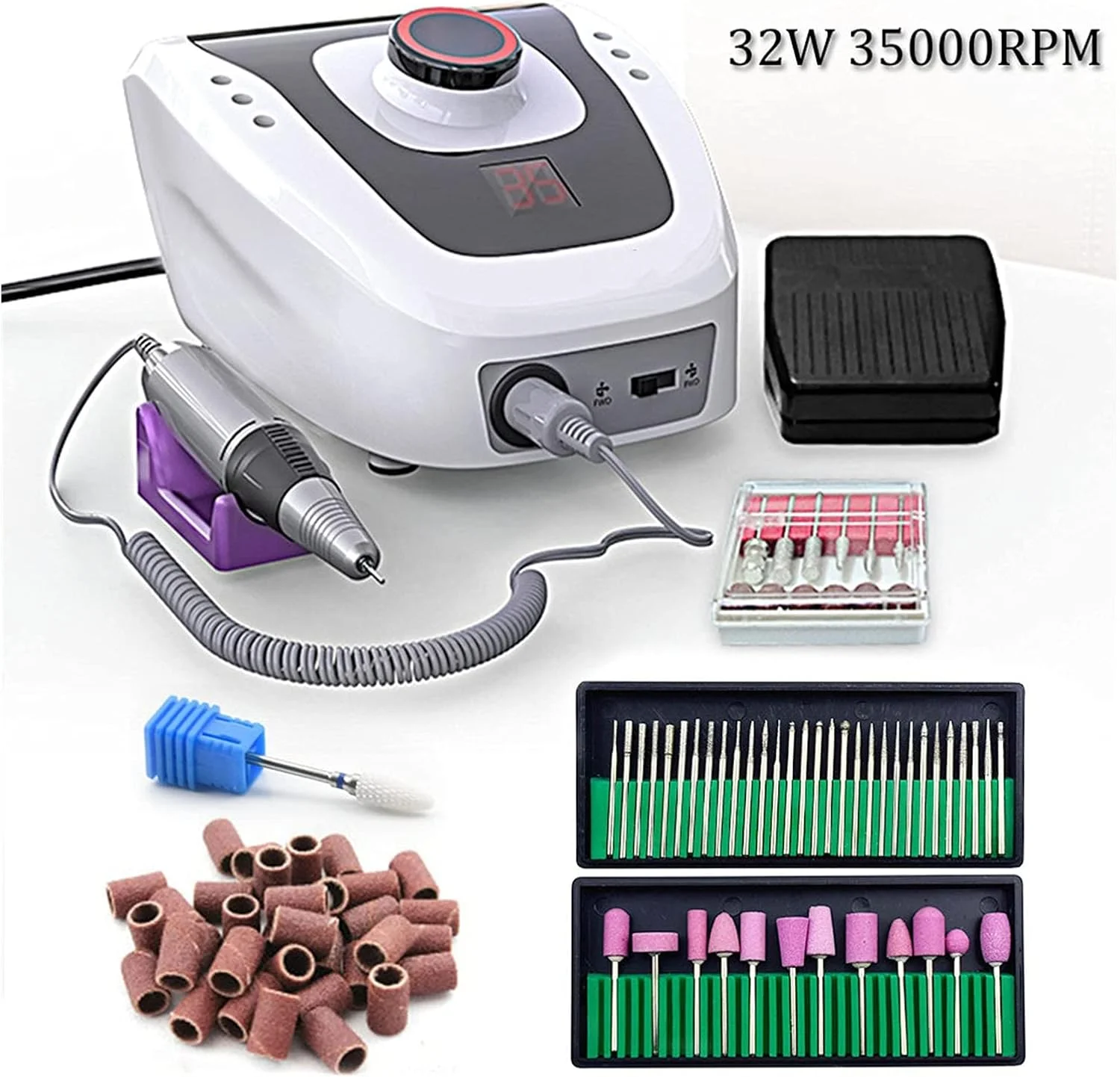 دستگاه سوهان ناخن برقی حرفه ای 32 وات 35000 دور در دقیقه، دستگاه مانیکور برقی با دسته مسی، کیت ابزار ناخن، سوهان برقی ناخن با کاتر، کیت سوهان برقی ناخن (رنگ: Set3)