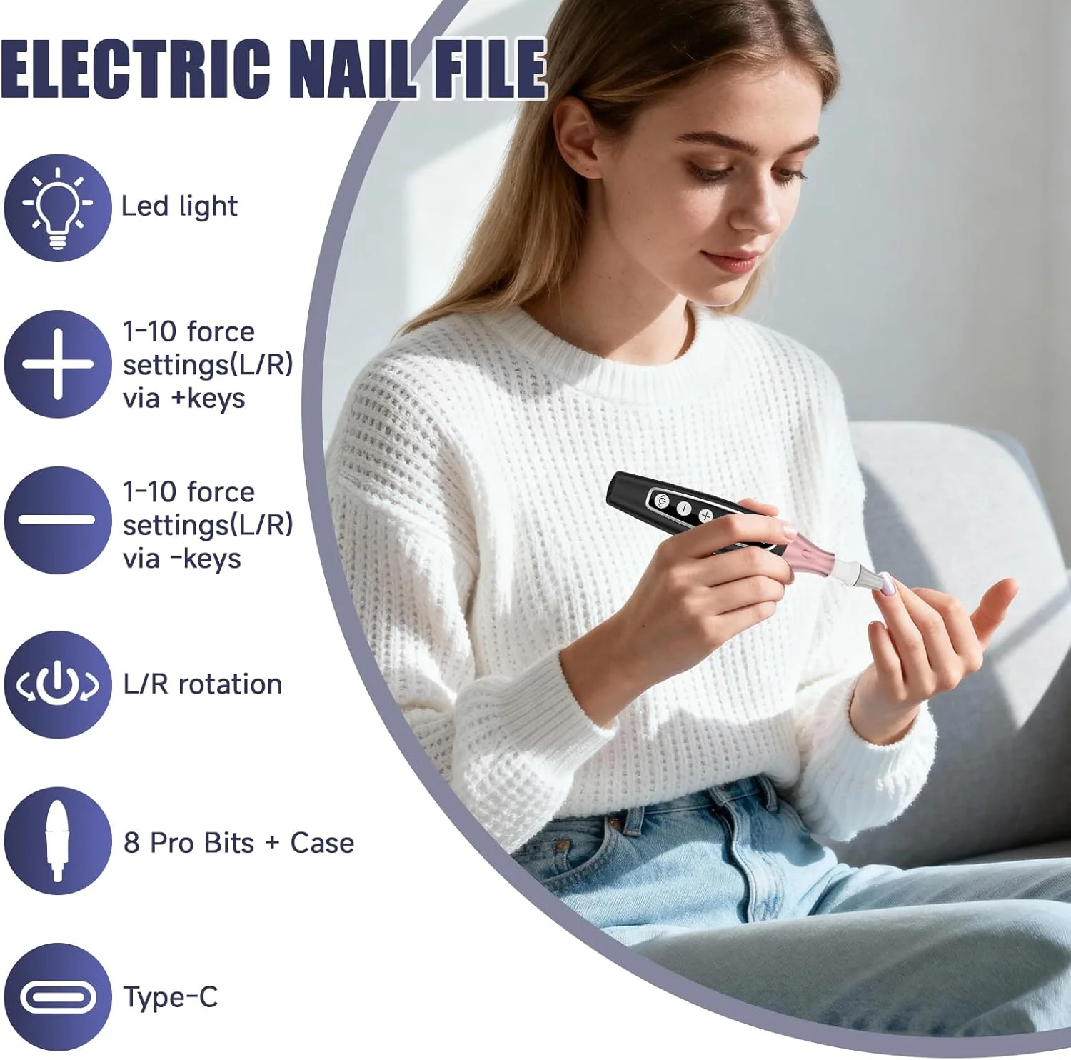 ست سوهان برقی ناخن برای مراقبت از پا و دست، مته برقی ناخن با 8 سری برای پیرایش، پولیش و فرم دهی بدون درد | 10 حالت، ابزار پدیکور و کیت ناخن - مشکی