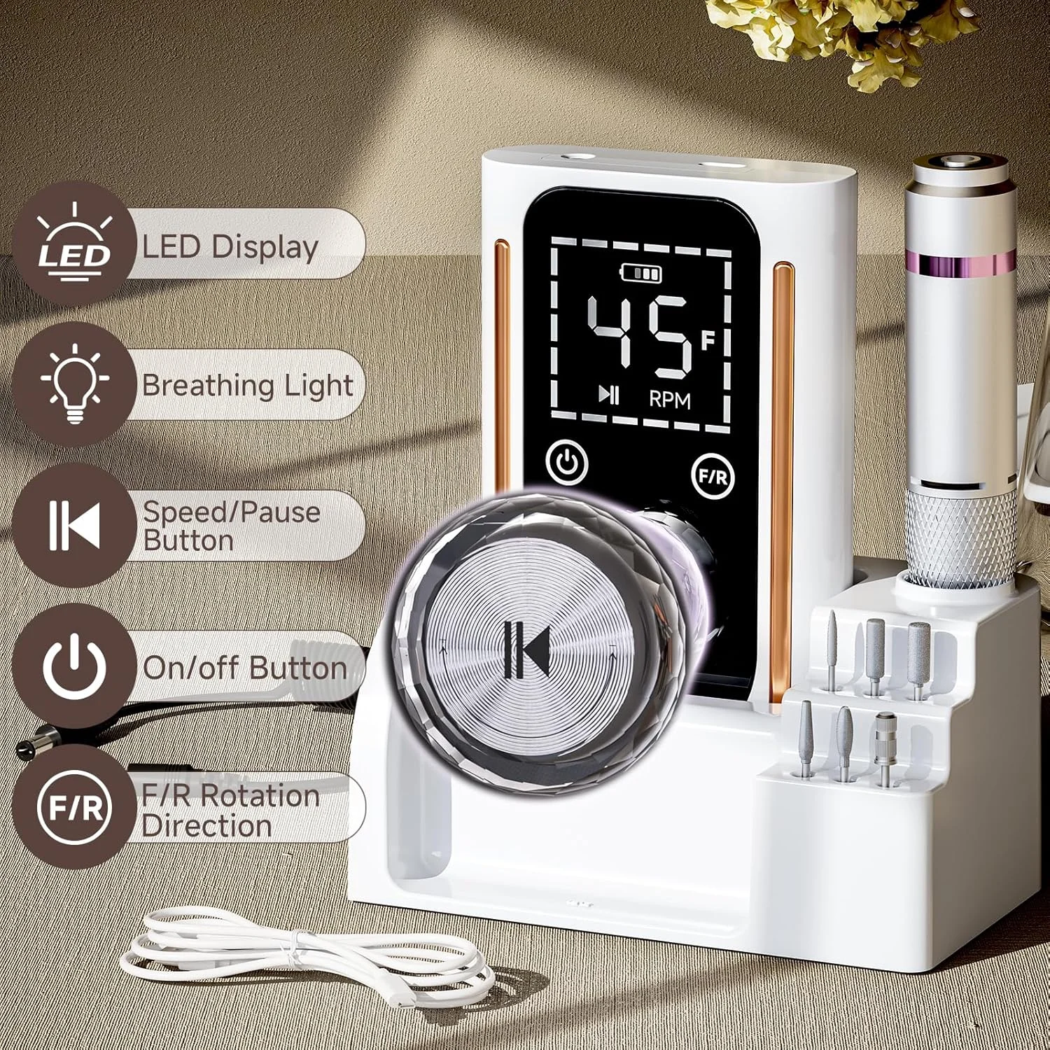 دستگاه سوهان ناخن برقی قابل حمل 45000 دور در دقیقه، دستگاه سوهان ناخن شارژی حرفه ای با متعلقات و پایه، برای ناخن های ژلی آکریلیک، دستگاه سوهان برقی، پولیش مانیکور، برای سالن و خانه، سفید