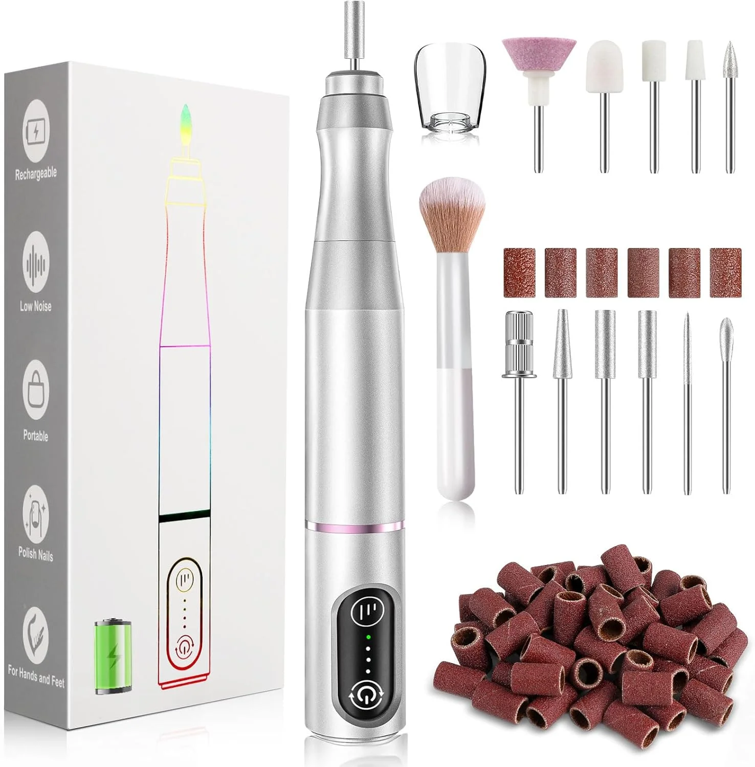 ست سوهان برقی ناخن شارژی بی سیم، ست قابل حمل ماشین پدیکور مانیکور حرفه ای با 11 سر سوهان و 56 نوار سنباده برای سالن (نقره ای) ست سوهان برقی ناخن شارژی بی سیم، ست قابل حمل ماشین پدیکور مانیکور حرفه ای با 11 سر سوهان و 56 نوار سنباده برای سالن (نقره ای)