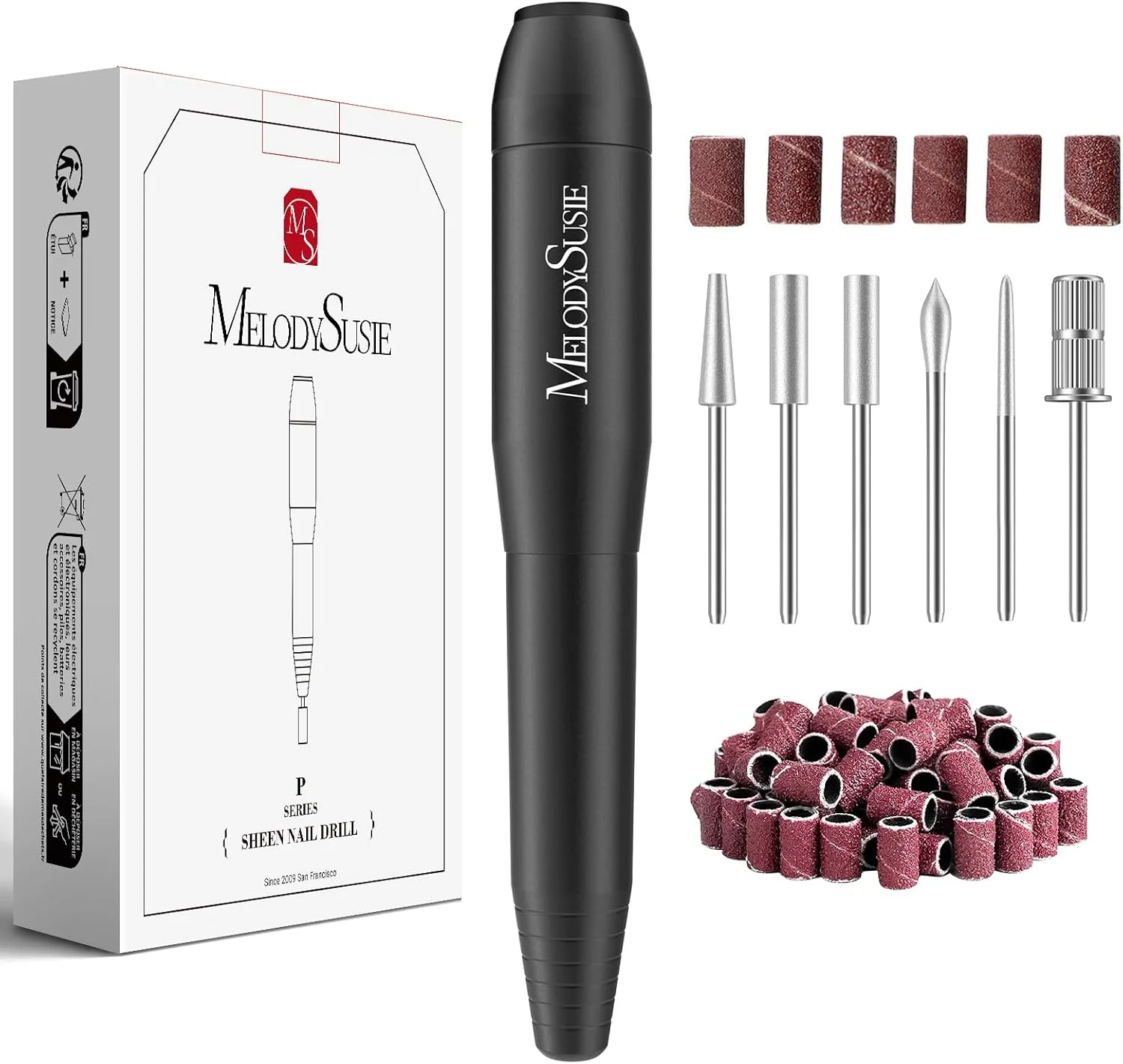 دستگاه سوهان برقی ناخن MelodySusie مدل PC120I، ست سوهان برقی قابل حمل برای ناخن های ژلیش و اکریلیک، ابزار مانیکور پدیکور به همراه سری های سوهان، نوارهای سمباده و برس گردگیری، مشکی