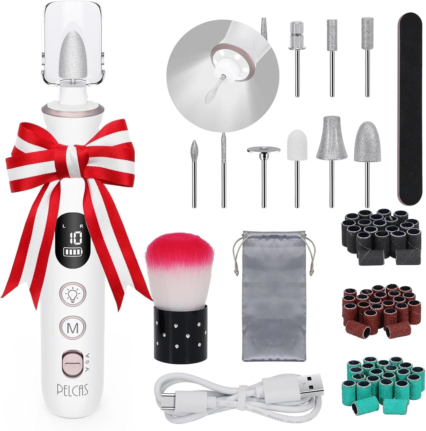 سوهان ناخن برقی PELCAS، دریل ناخن بی سیم 10 سرعته با چراغ LED، ست مانیکور و پدیکور قابل حمل، سنگ ناخن با صفحه نمایش LCD برای انسان، حیوان خانگی، ناخن های ضخیم پا، ناخن های طبیعی و اکریلیک