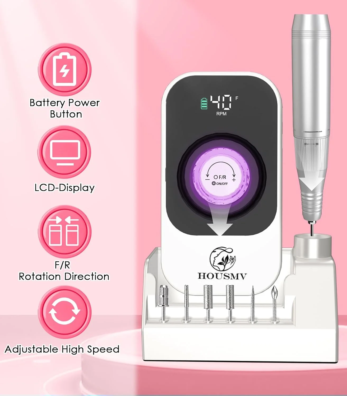 دستگاه سوهان برقی ناخن قابل حمل: دستگاه سوهان برقی حرفه ای شارژی 40000 دور در دقیقه، سوهان برقی بی سیم با سری ها و پایه برای از بین بردن لاک ژل ناخن و مانیکور در سالن و منزل، سفید