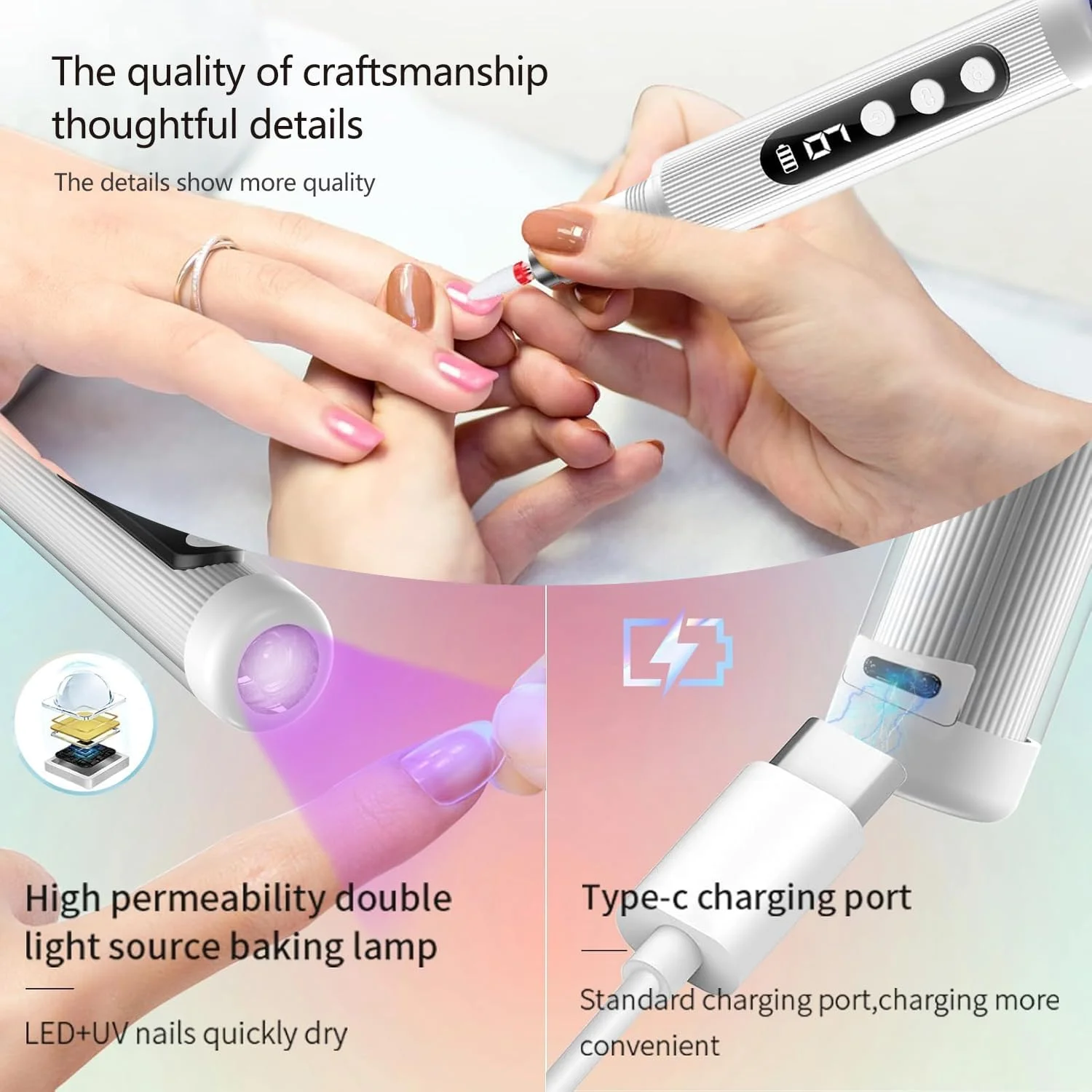 ست سوهان برقی ناخن Angju با لامپ UV، سوهان ناخن برقی بی سیم قابل حمل با صفحه نمایش، 9 سرعت پولیش حرفه ای مانیکور پدیکور 12 در 1 برای استفاده در منزل و سالن