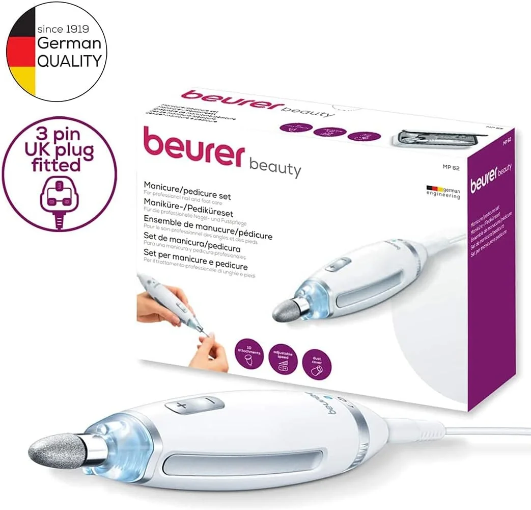 ست مانیکور و پدیکور خانگی Beurer MP62، سوهان برقی ناخن، 10 سری، برای ناخن های طبیعی، ژلیش، نور دقیق، چرخش سریع (2000-5400 دور در دقیقه)، دوشاخه UK و کیف نگهداری ست مانیکور و پدیکور خانگی Beurer MP62، سوهان برقی ناخن، 10 سری، برای ناخن های طبیعی، ژلیش، نور دقیق، چرخش سریع (2000-5400 دور در دقیقه)، دوشاخه UK و کیف نگهداری