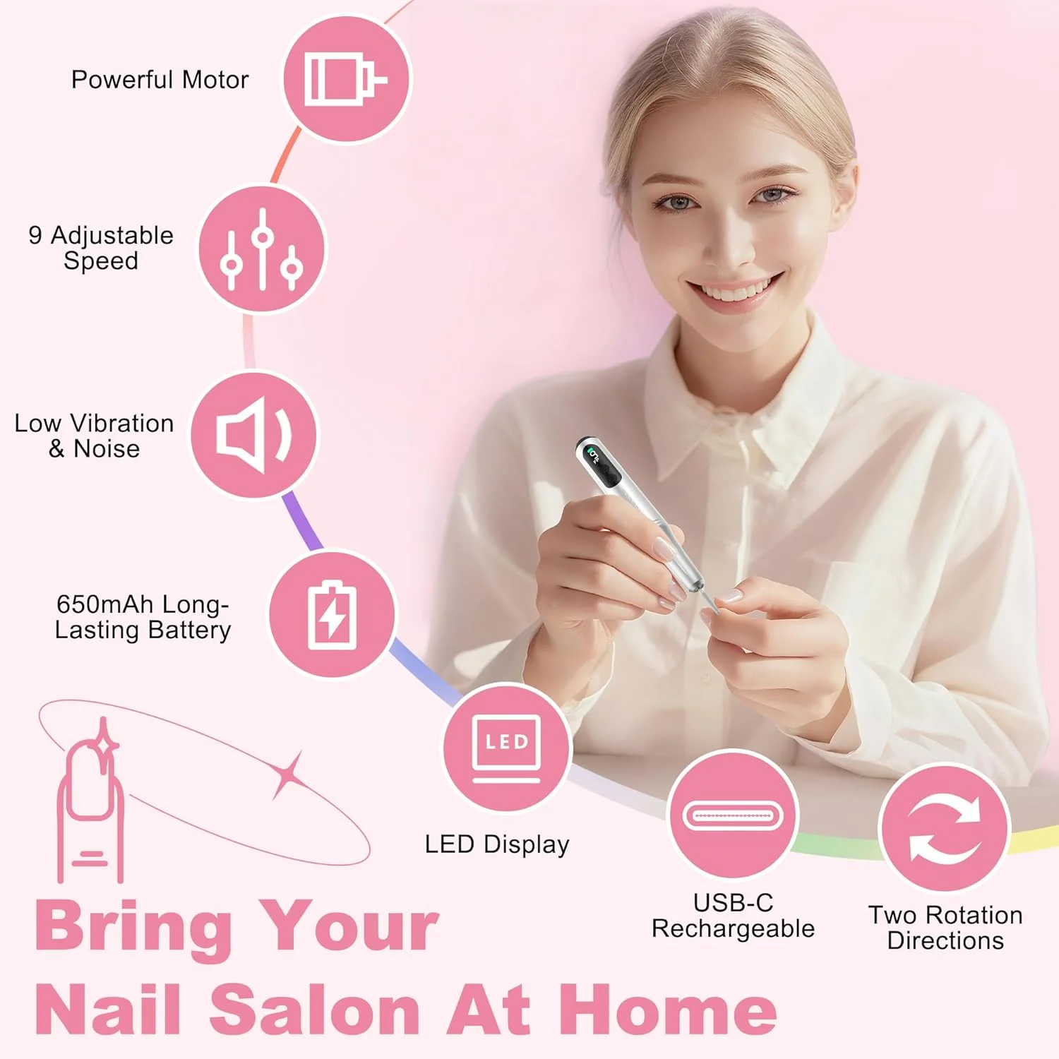 دستگاه سوهان برقی ناخن بدون سیم - سوهان ناخن برقی حرفه ای با نمایشگر LED و 9 سرعت، دستگاه سوهان ناخن قابل شارژ برای ناخن های طبیعی اکریلیک، ست مانیکور پدیکور برقی قابل حمل برای استفاده در منزل