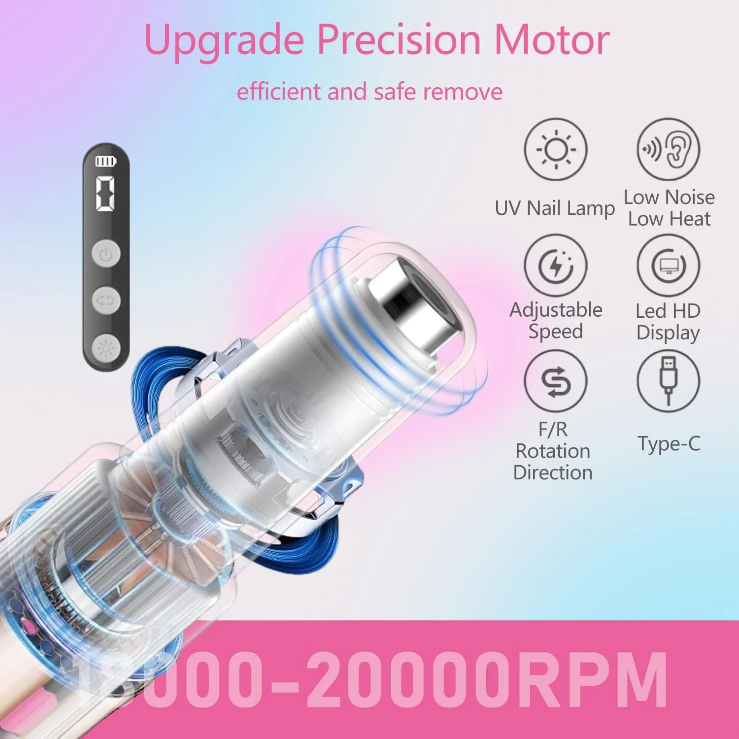 ست سوهان برقی ناخن Angju با لامپ UV، سوهان ناخن برقی بی سیم قابل حمل با صفحه نمایش، 9 سرعت پولیش حرفه ای مانیکور پدیکور 12 در 1 برای استفاده در منزل و سالن