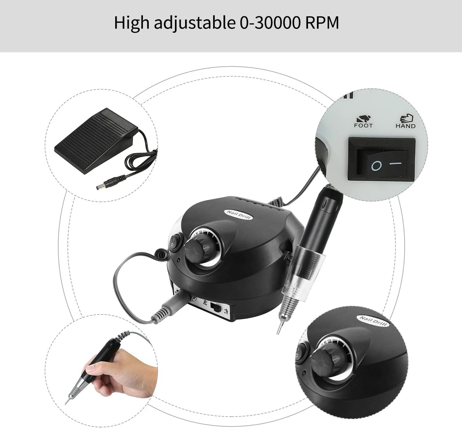 دستگاه سوهان برقی ناخن حرفه ای Irfora Seeyo با سرعت 30000 دور در دقیقه، کیت پولیش و مانیکور پدیکور برای ناخن های ژلی و اکریلیک، دوشاخه EU، مشکی