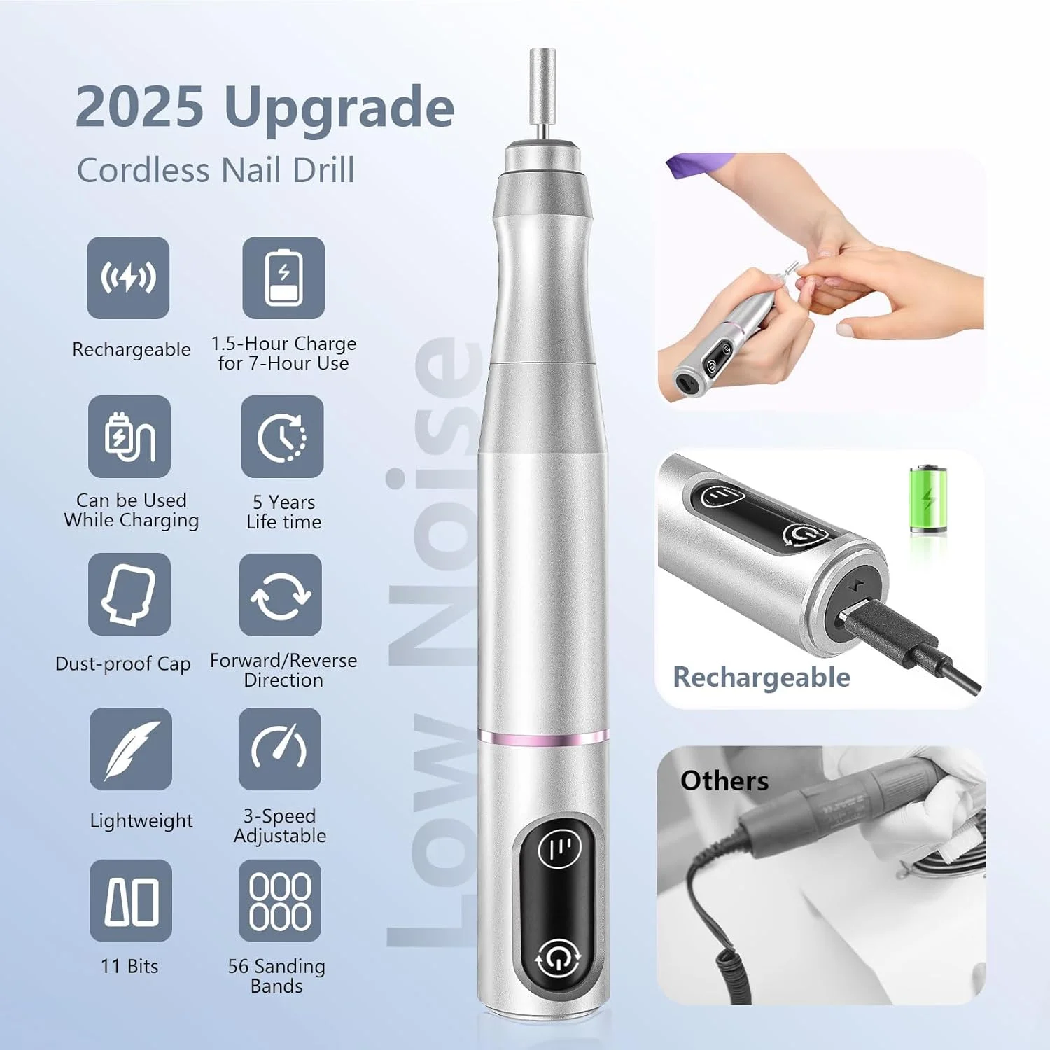 ست سوهان برقی ناخن شارژی بی سیم، ست قابل حمل ماشین پدیکور مانیکور حرفه ای با 11 سر سوهان و 56 نوار سنباده برای سالن (نقره ای)