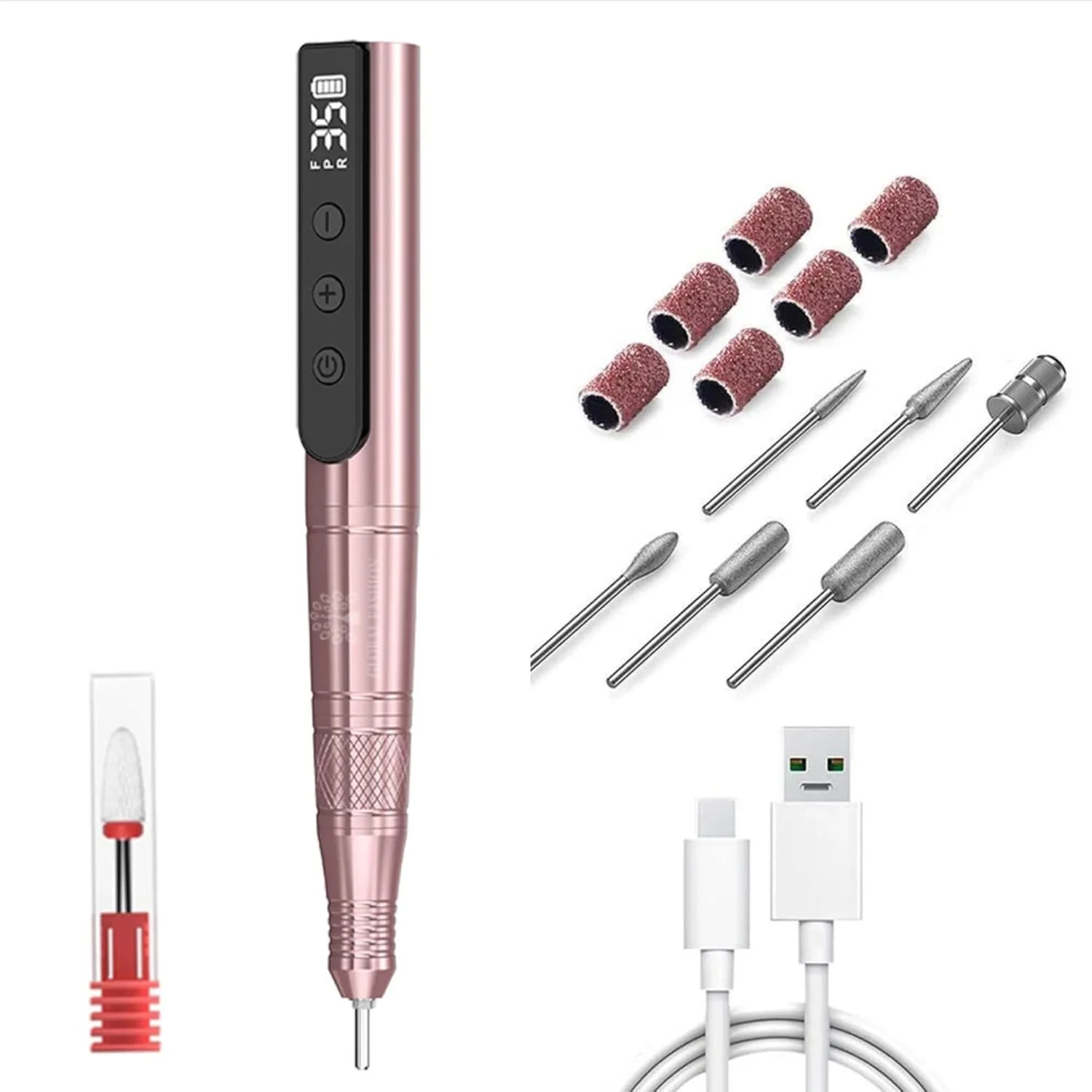 دستگاه سوهان برقی ناخن حرفه ای قابل شارژ 24 وات گلوبال فشن، کیت ای-فایل 35000 دور در دقیقه - کم صدا، قابل حمل، USB Type-C، باتری 800 میلی آمپر، 6 سری و نوارهای سمباده (صورتی)