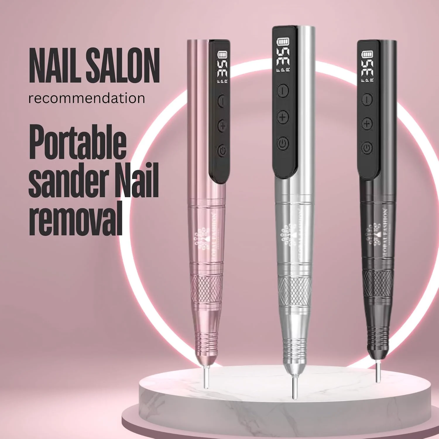 دستگاه سوهان برقی ناخن حرفه ای قابل شارژ 24 وات گلوبال فشن، کیت ای-فایل 35000 دور در دقیقه - کم صدا، قابل حمل، USB Type-C، باتری 800 میلی آمپر، 6 سری و نوارهای سمباده (صورتی)