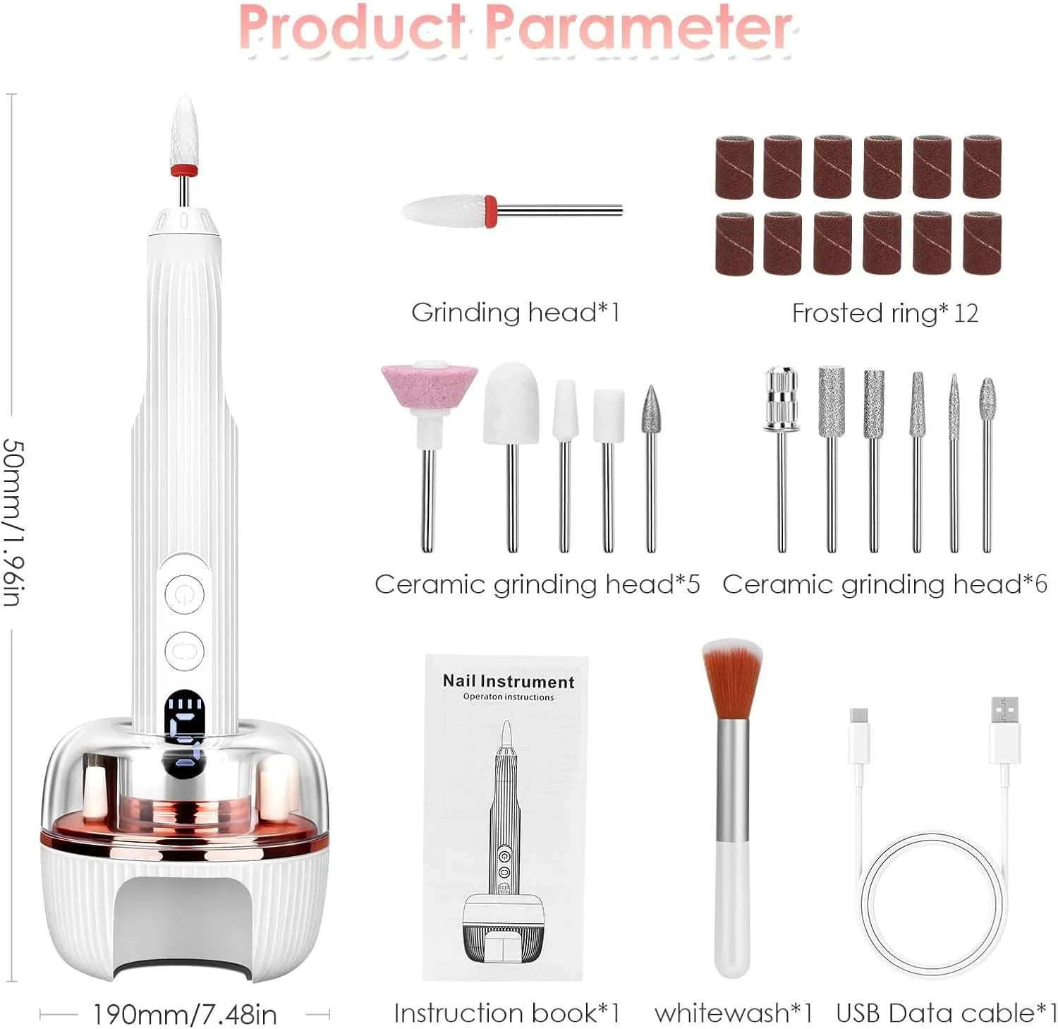 سوهان ناخن برقی بی سیم 3 در 1، دریل برقی ناخن قابل تنظیم 5 سرعته 18000 دور در دقیقه با لامپ ناخن داخلی، دریل برقی ناخن حرفه ای با 12 سر سنگ زنی برای ابزارهای مانیکور و پدیکور DIY
