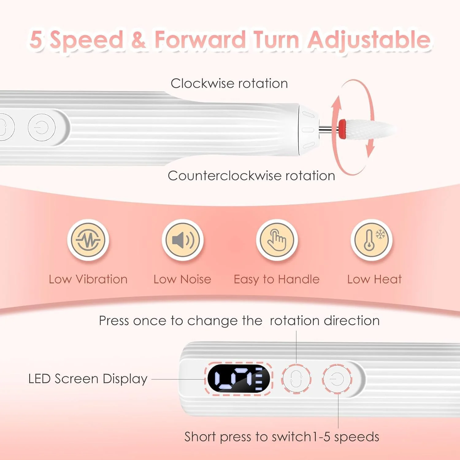 سوهان ناخن برقی بی سیم 3 در 1، دریل برقی ناخن قابل تنظیم 5 سرعته 18000 دور در دقیقه با لامپ ناخن داخلی، دریل برقی ناخن حرفه ای با 12 سر سنگ زنی برای ابزارهای مانیکور و پدیکور DIY